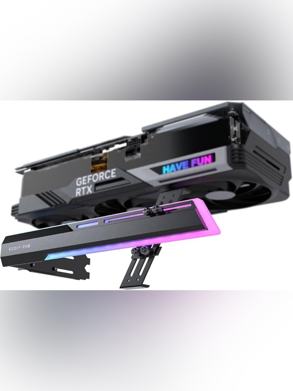 Black GPU Support Bracket with Pink Accent Lighting